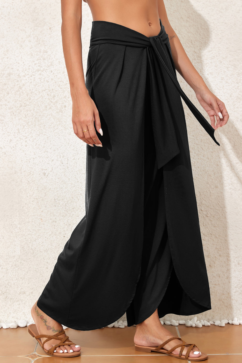 Solid Knotted Drop Waist Split Leg Relaxed Pants