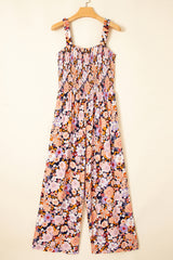 Floral Print Smocked High Waist Square Neck Jumpsuit