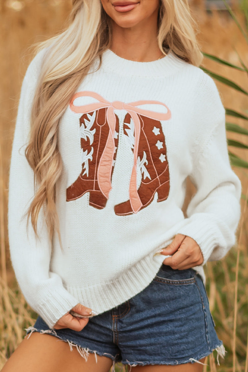 Embroidered Bow Boots Graphic Drop Shoulder Sweater