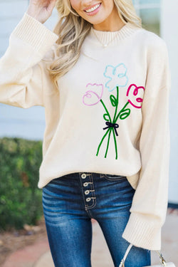 Embroidered Flower Bouquet Ribbed Trim Loose Sweater