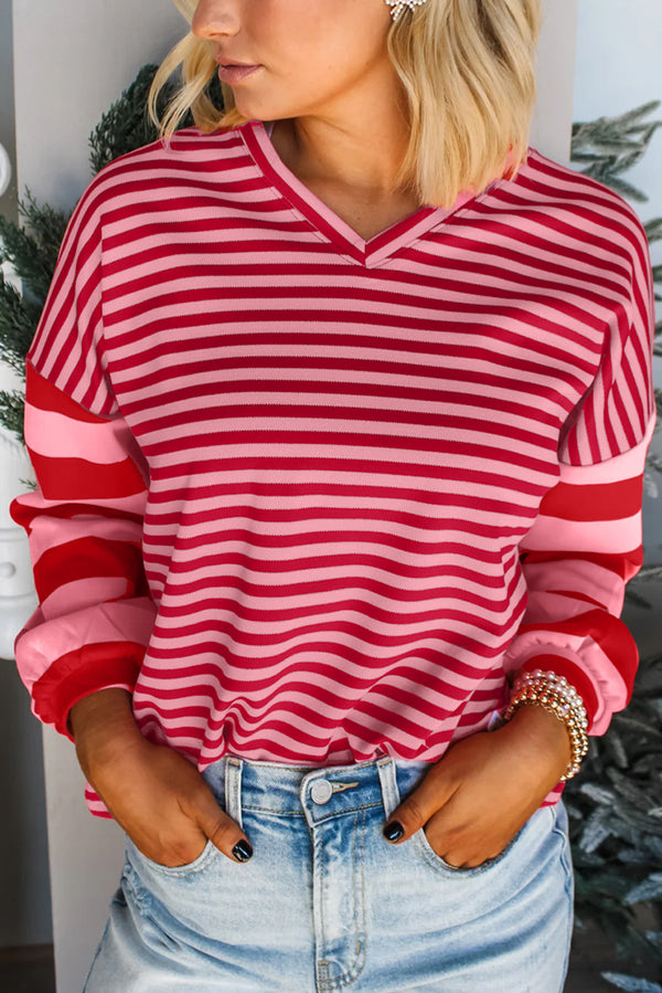 Mix Striped Drop Shoulder Patchwork Sleeve V Neck Pullover