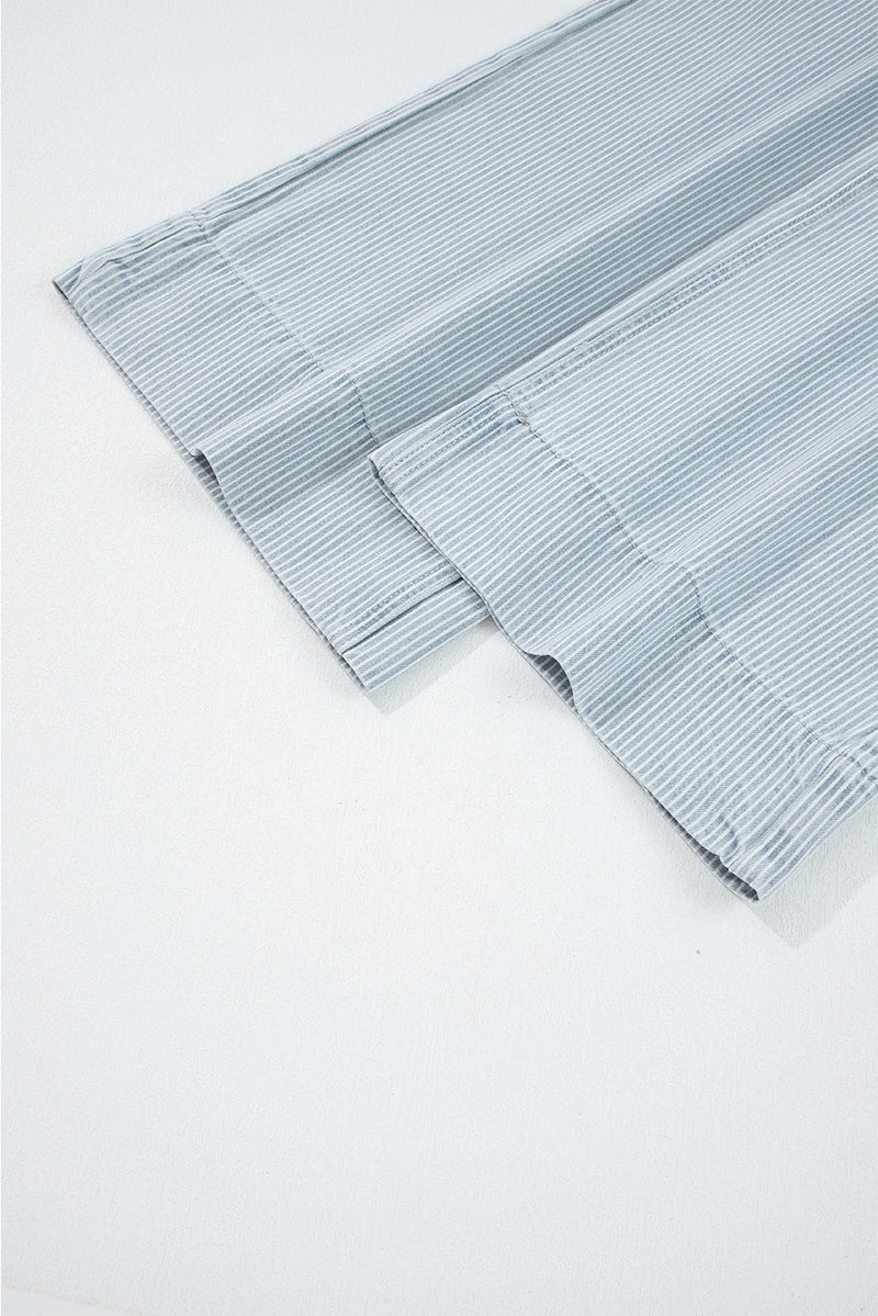 Stripe Button Flap Pocket Cuffed Hem Wide Leg Jeans