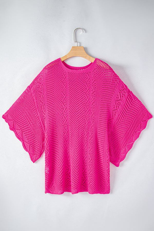 Solid Pointelle Knit Scallop Edge Short Sleeve Top