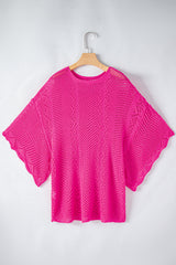 Solid Pointelle Knit Scallop Edge Short Sleeve Top