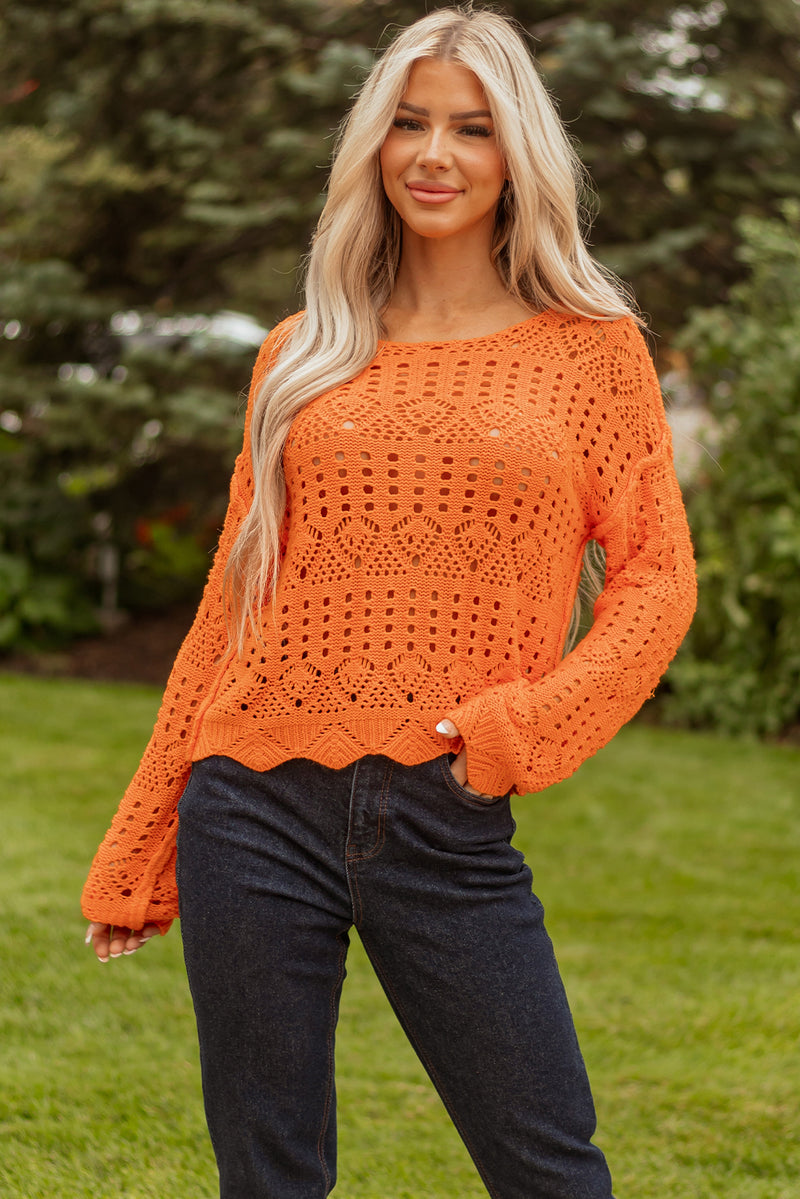 Orange Solid Color Open Crochet Scallop Edge Sweater