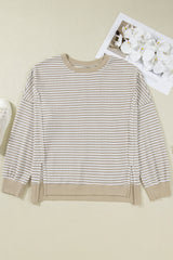 Pale Khaki Stripe Plus Size Breathable Knit Ribbed Trim Long Sleeve Top