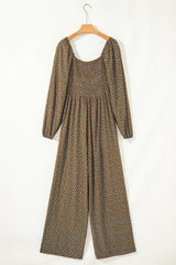 Floral Print Western Smocked Bodice Square Neck Wide Leg Jumpsuit