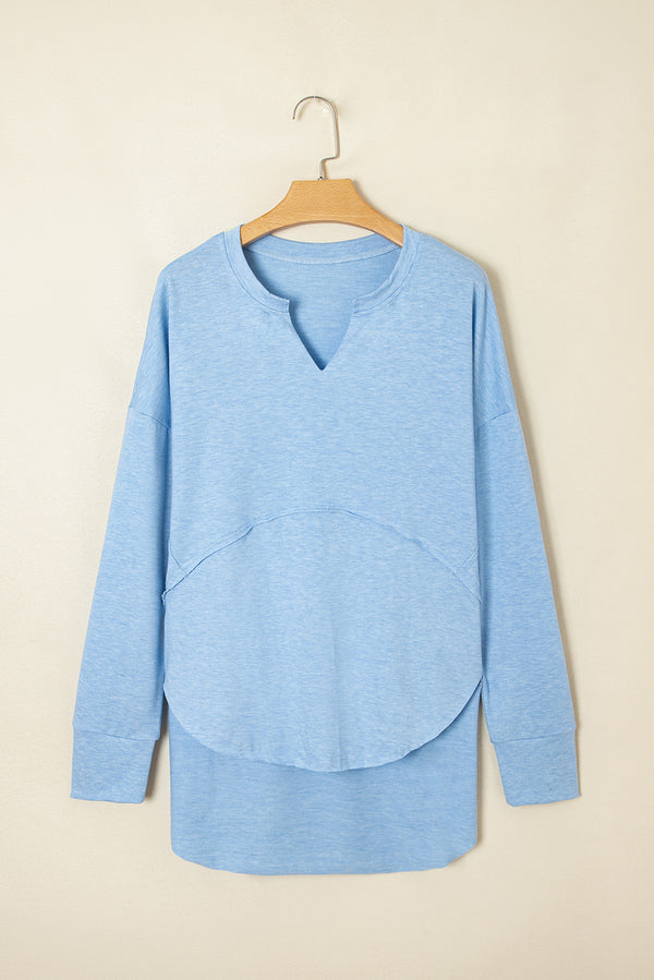 Sky Blue Notched Neck Terry Raw Hem Long Sleeve Top