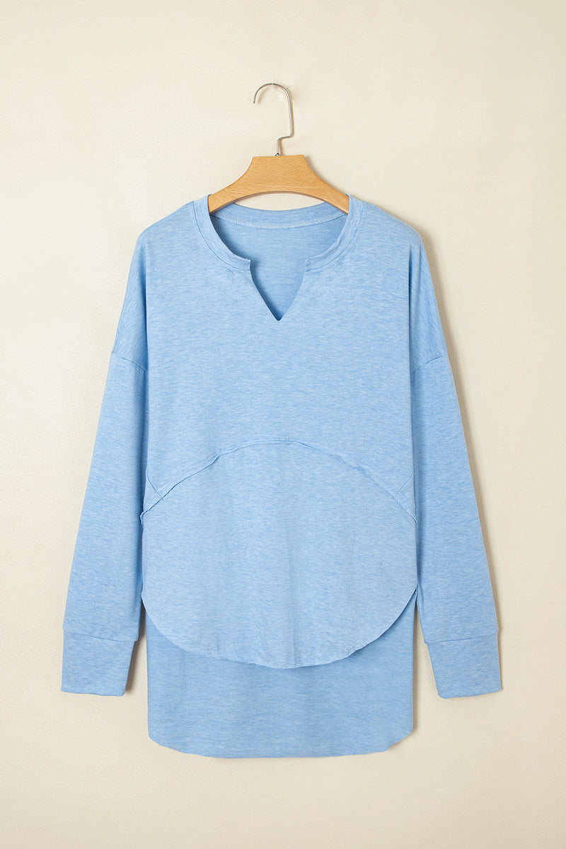 Sky Blue Notched Neck Terry Raw Hem Long Sleeve Top