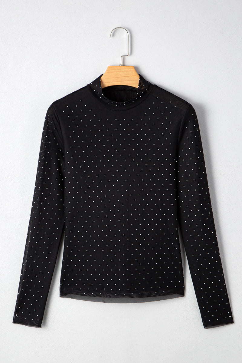 See-Through Rhinestone Embellished Mesh Long Sleeve Top