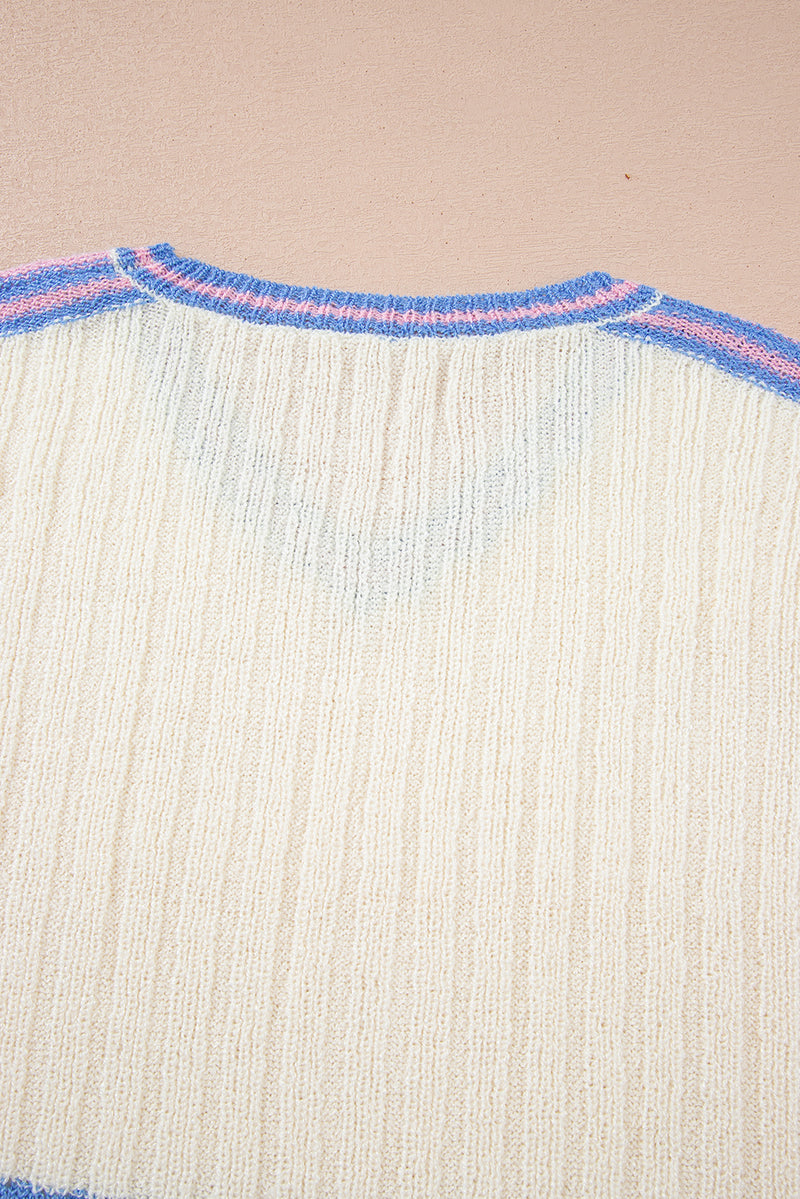 Striped V Neck Dolman Sleeve Rib Knit Oversized Sweater with Slits