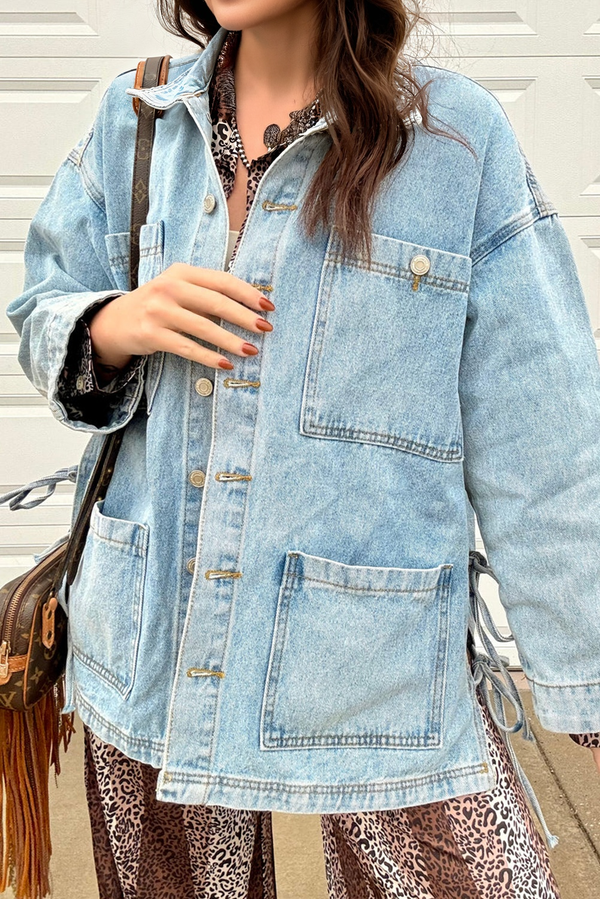 Multi Patched Pockets Side Tie up Boyfriend Style Denim Jacket