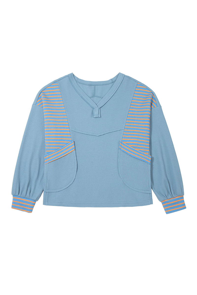 Exposed Seam Waffle Striped Patchwork Baggy Pullover