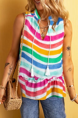 Rainbow Stripes Ruffled Hem Drawstring V Neck Tank Top