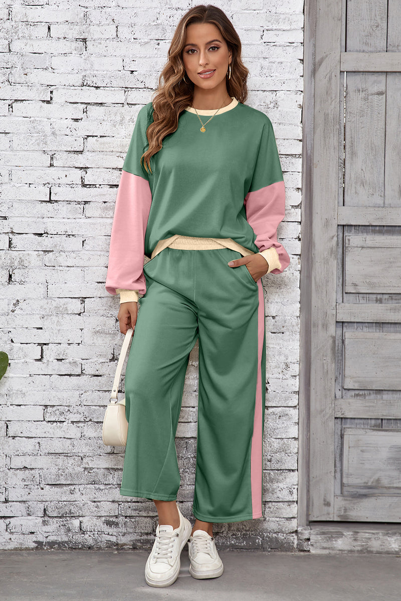 2pcs Color Block Pullover Loose Pant Set