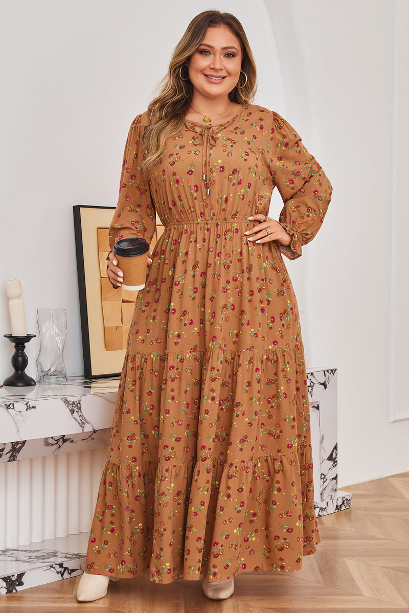 Plus Size Floral Split V Neck Ruffled Sleeve Tiered Maxi Dress