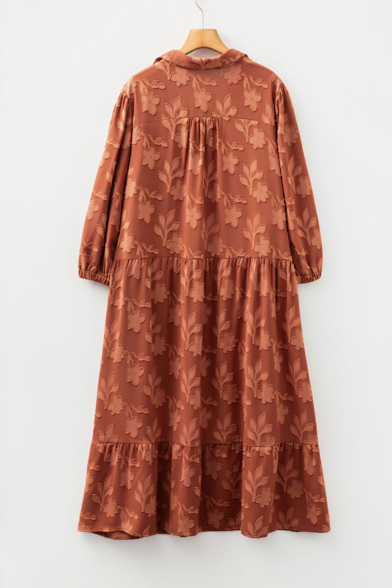 Plus Size Textured 3D Flower Pattern Ruffle Hem 3/4 Sleeve Long Dress