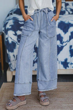 Drawstring Seam Detail Raw Hem Wide Leg Denim Pants