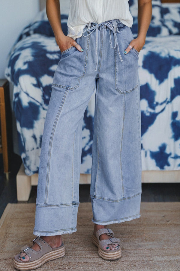 Drawstring Seam Detail Raw Hem Wide Leg Denim Pants