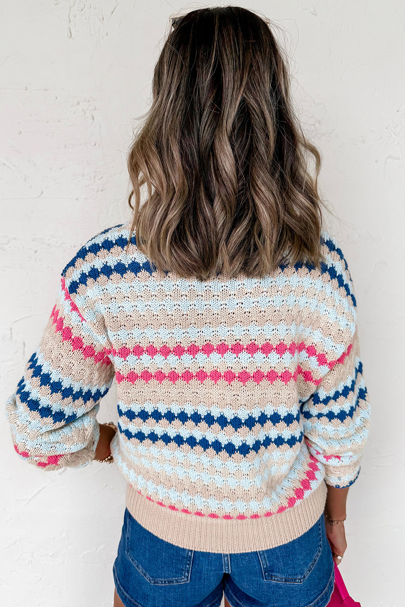 Stripe Eyelet Patterned Drop Shoulder Sweater