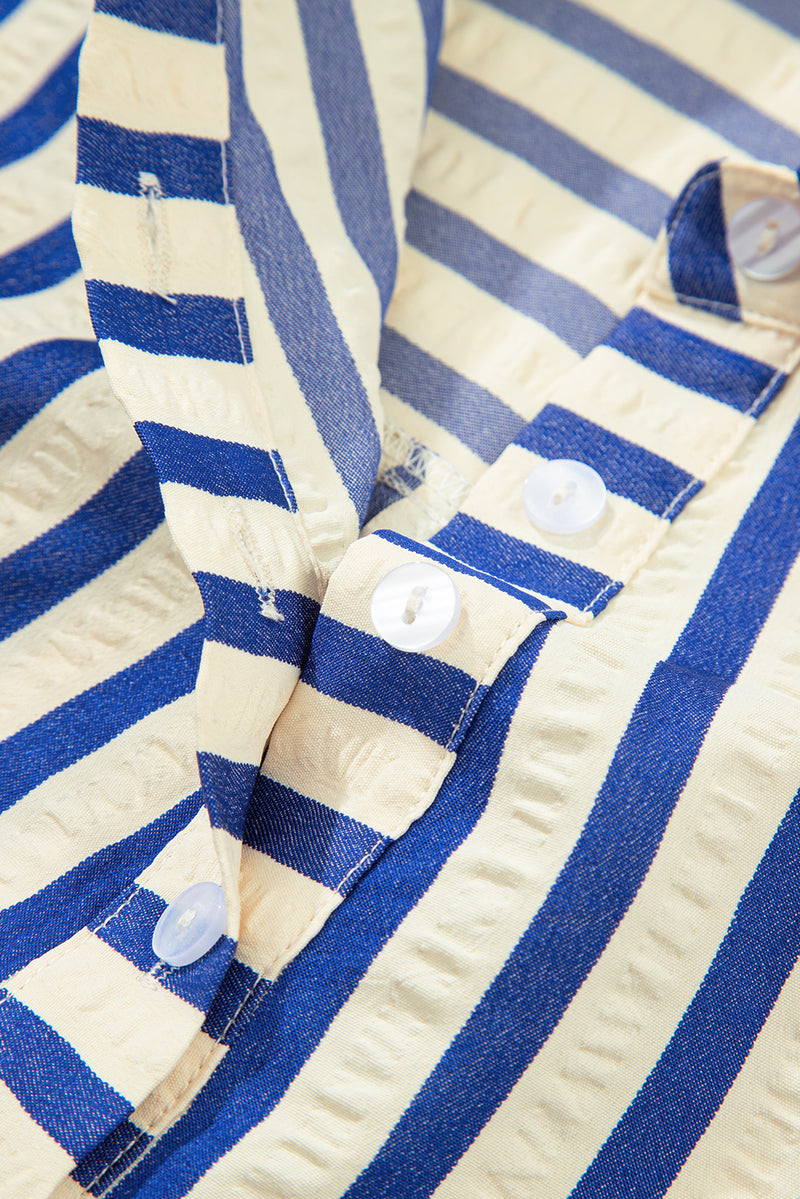 Stripe Collared Half Button Side Pockets Loose Fit Mini Dress