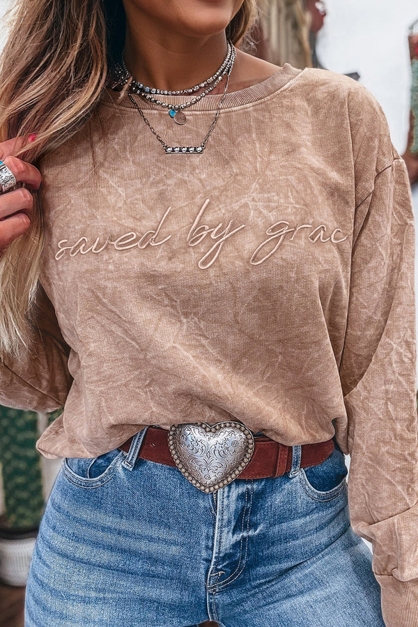 Beige saved by grace Letter Embroidery Mineral Wash Loose Sweatshirt