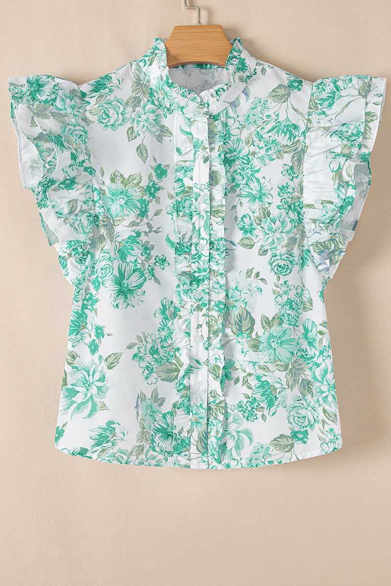 Pastel Floral Print Ruffle Sleeve Frilly Button Up Shirt