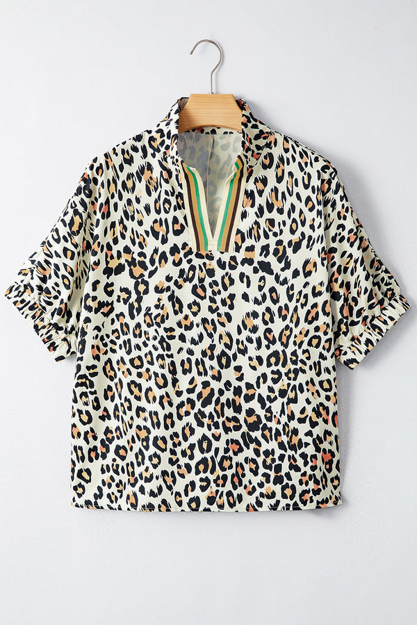 Leopard Color Block Contrast Striped V Neck Half Sleeve Loose Fit Blouse
