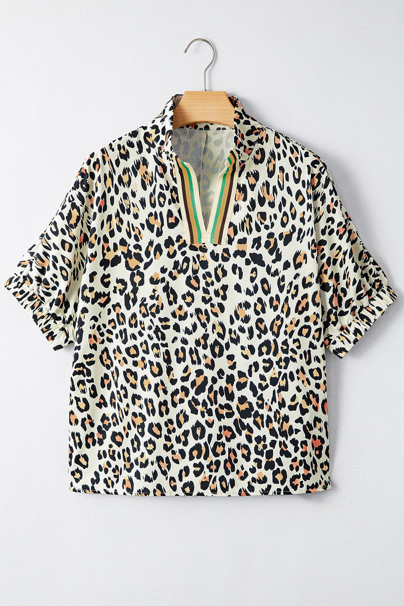 Leopard Color Block Contrast Striped V Neck Half Sleeve Loose Fit Blouse