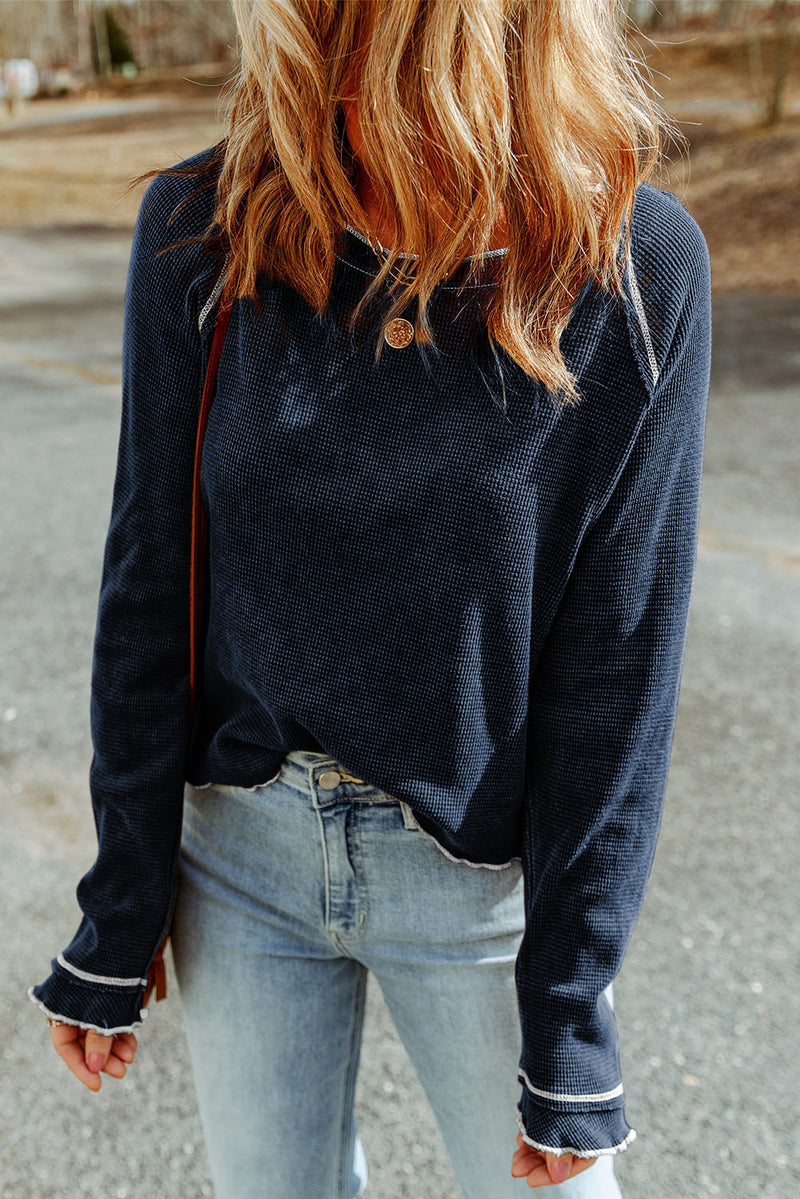 Solid Textured Round Neck Long Sleeve Top