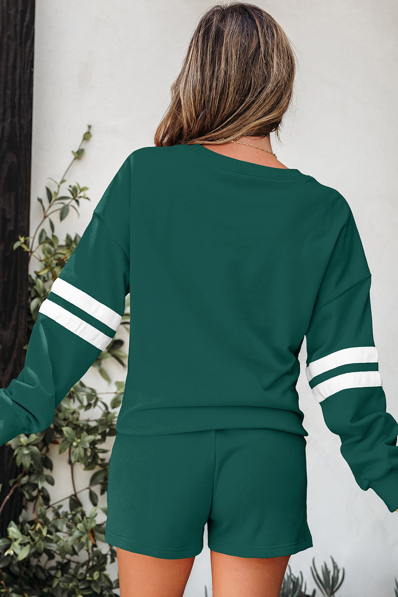 Solid Varsity Striped Sleeve Drop Shoulder Sweatshirt and Short Set