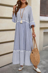 Stripe Patchwork Crossed Lace Detail Bracelet Sleeve Maxi Dress