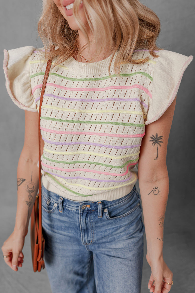 Colorful Striped Eyelet Knit Ruffled Sleeve Sweater T Shirt