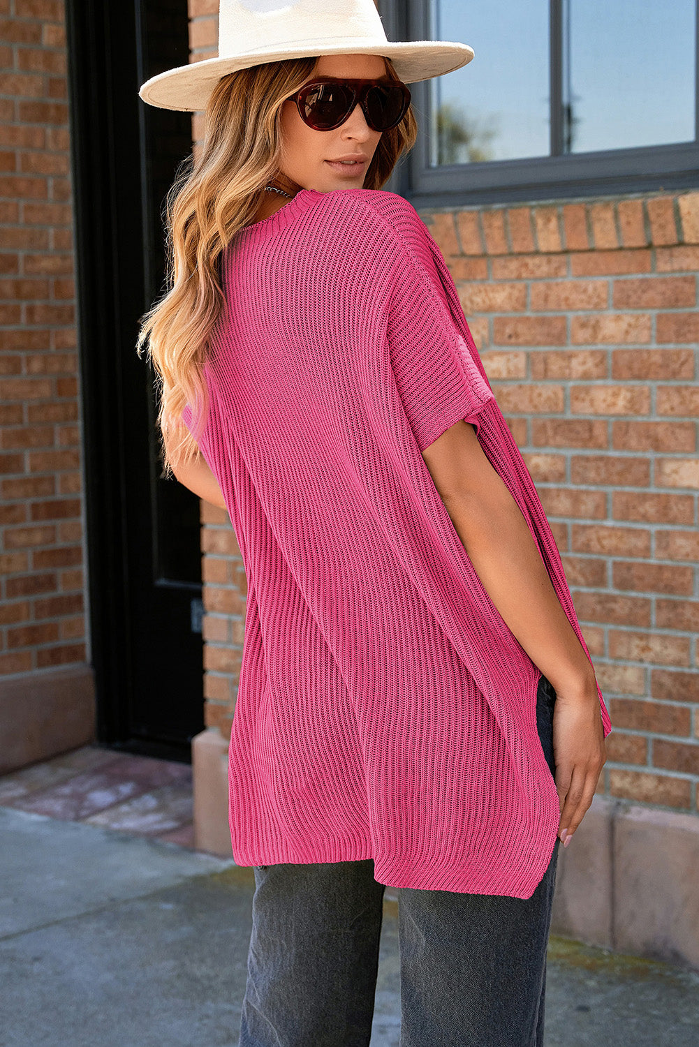 Solid Short Sleeve Side Slit Oversized Sweater