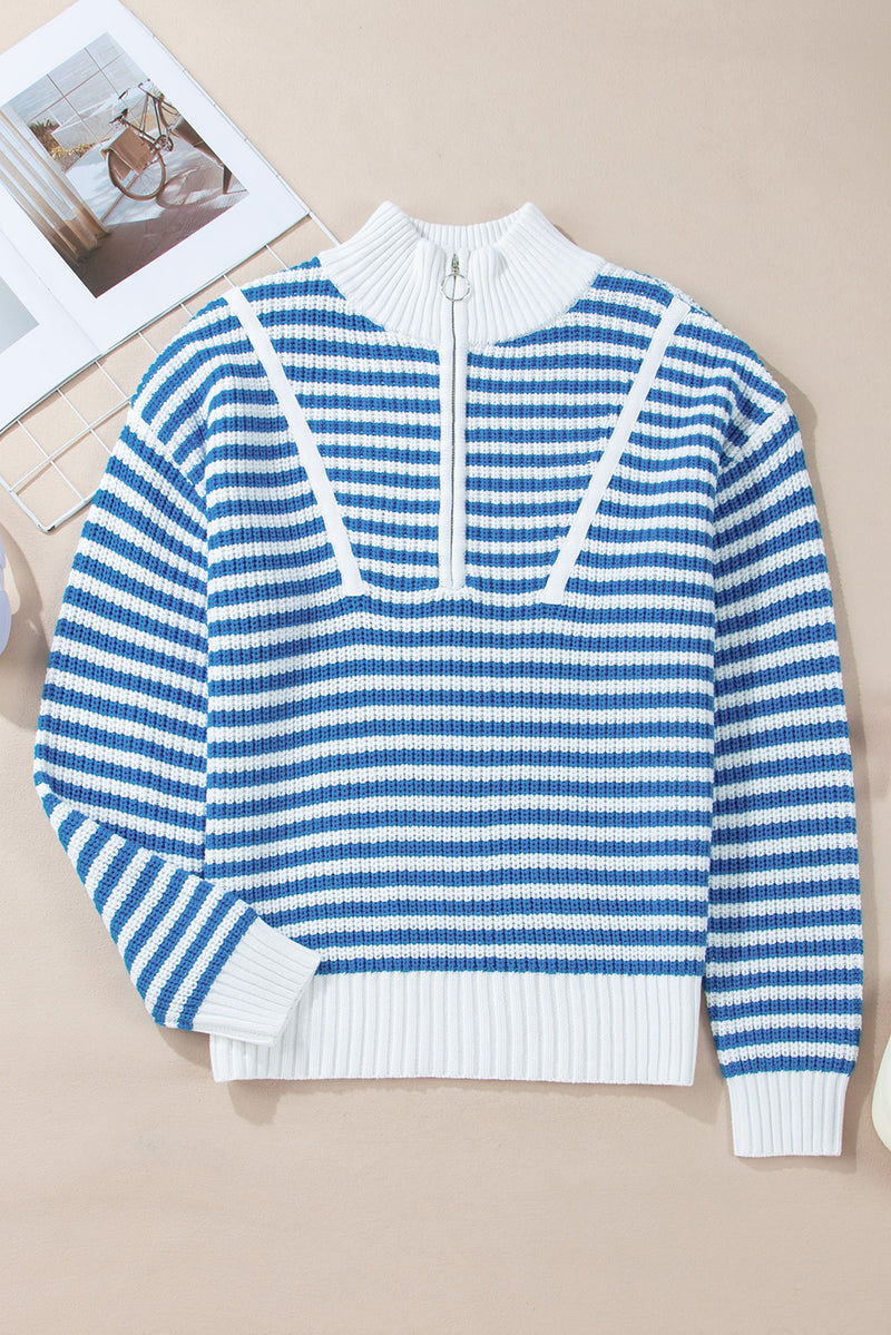 Stripe Zip up Collar Drop Shoulder Sweater