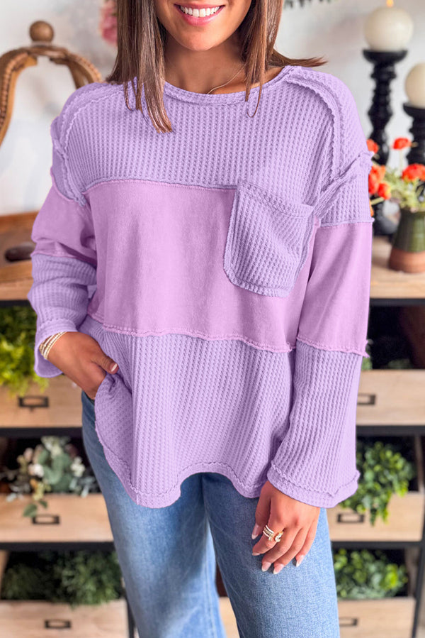 Thermal Knit Contrast Textured Patchwork Long Sleeve Top