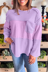 Thermal Knit Contrast Textured Patchwork Long Sleeve Top