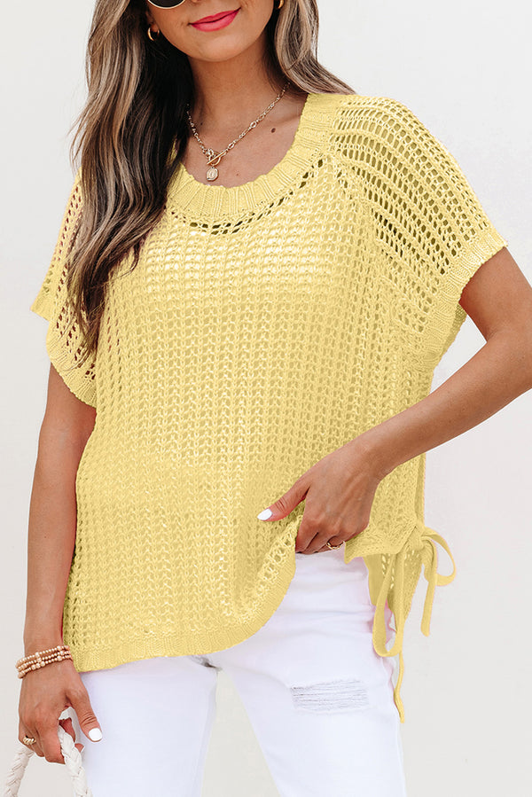 Hollow-out Crochet Side Tied Short Sleeve Sweater