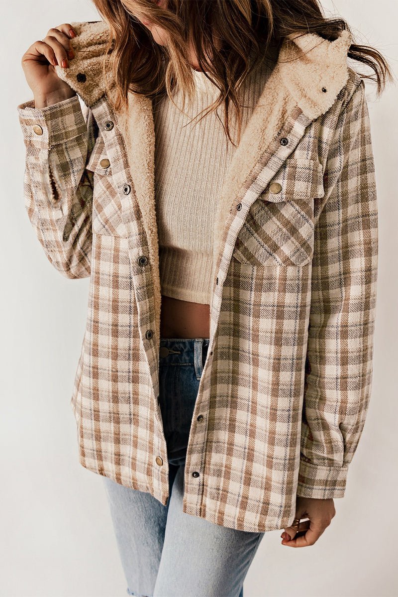 Coats and Jacket Plaid Pattern Sherpa Lined Hooded Shacket