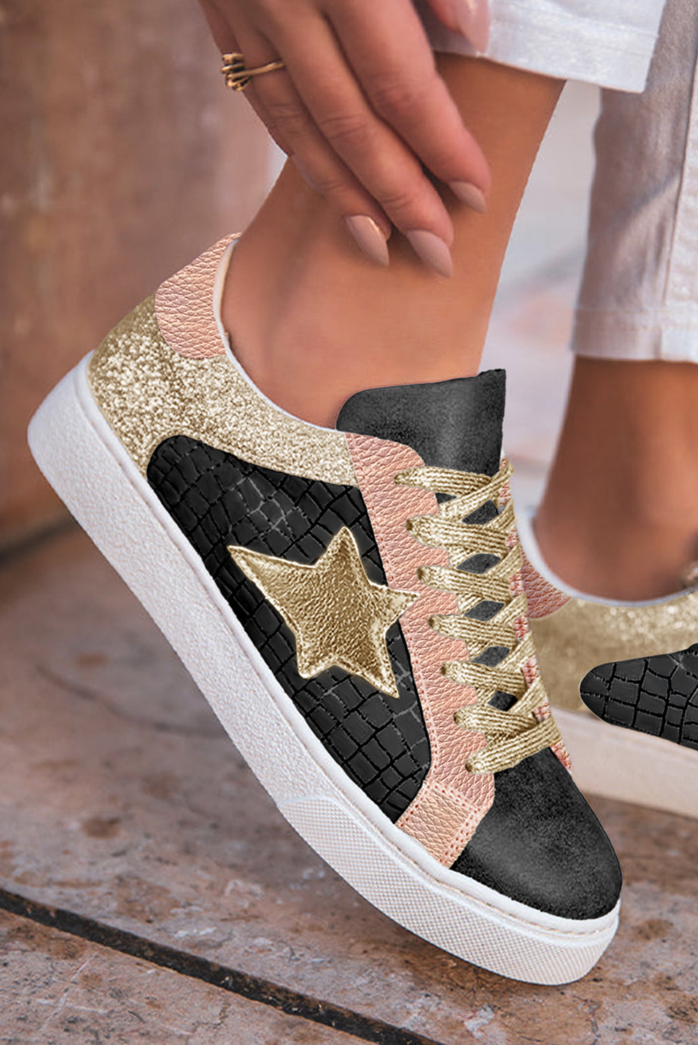 Glitter Star Patchwork PU Leather Lace-up Sneakers