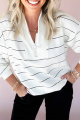 Zip V Neck Casual Stripe Print Drop Shoulder Long Sleeve Top