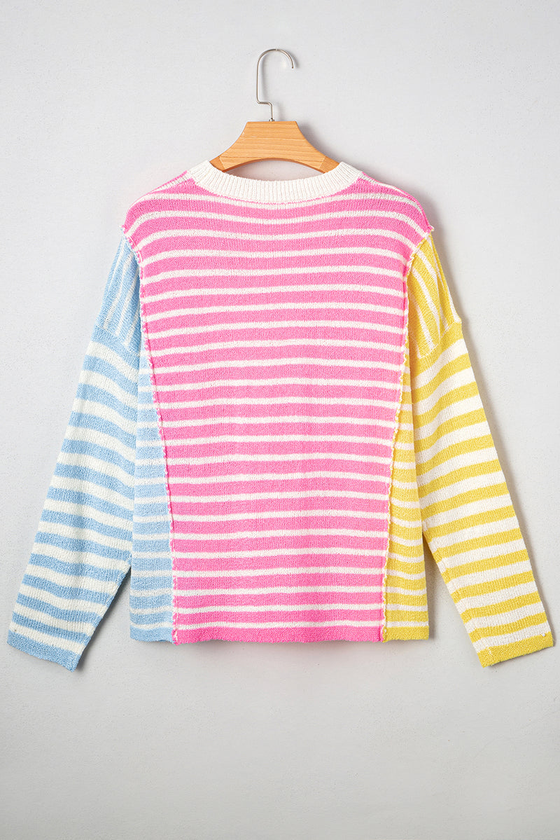Multicolour Color Block Striped Patchwork Dolman Sleeve Slit Sweater