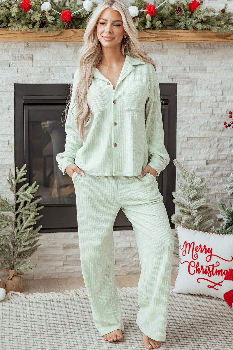 Light Green Textured Patched Chest Pocket Shirt and Pants Set
