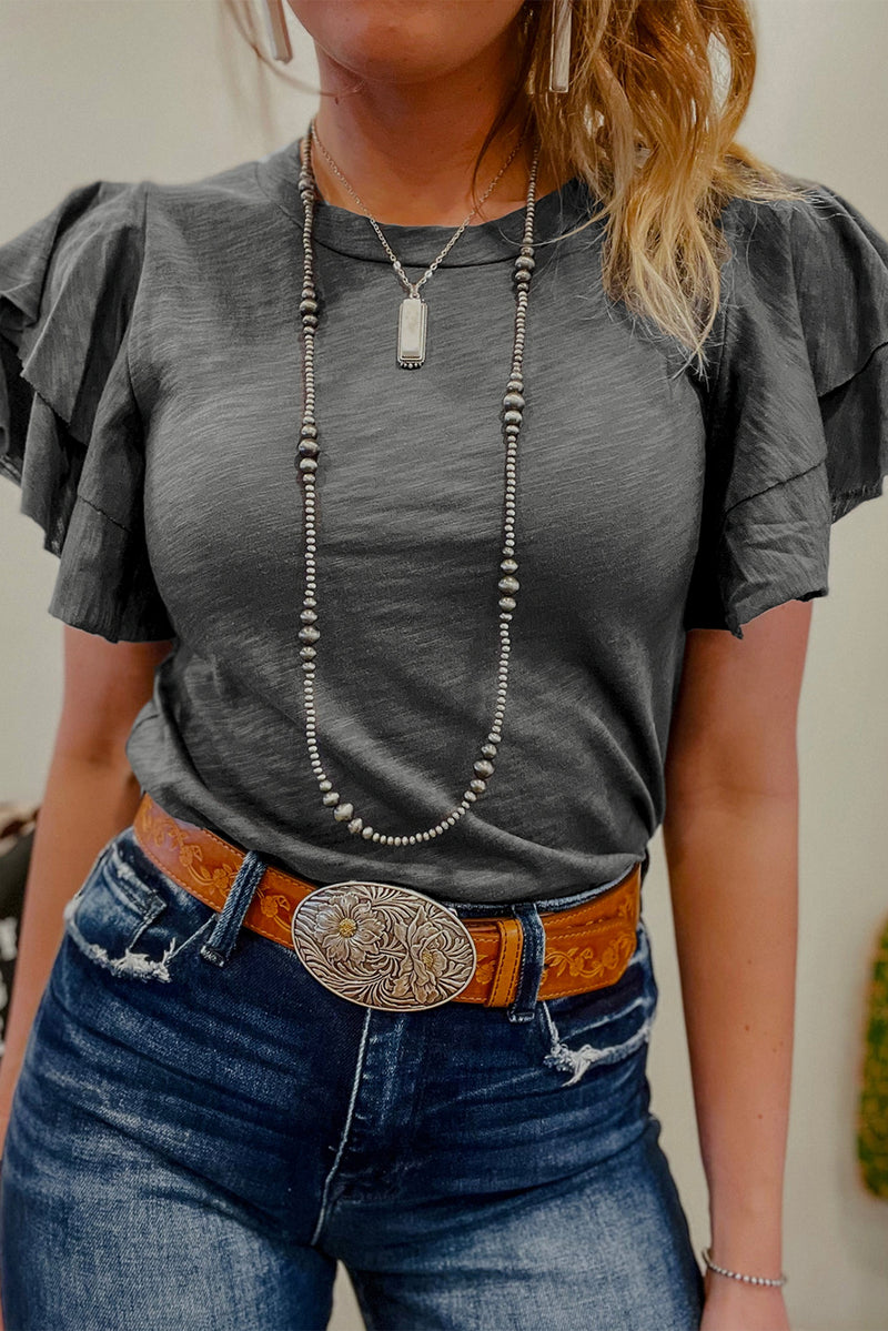 Solid Layered Ruffle Short Sleeve Round Neck Top