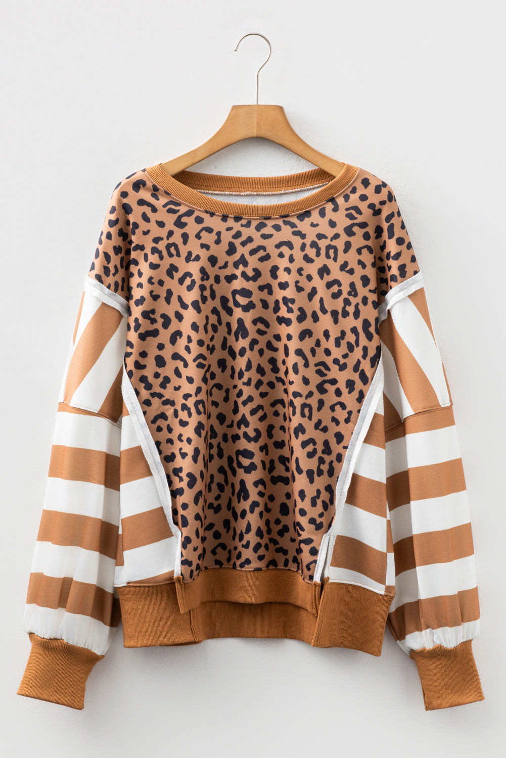 Stripe Color Block Patchwork Leopard Casual Sweatshirt with Slits