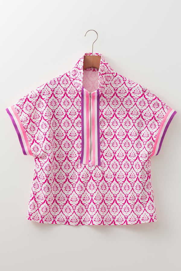 Western Print Zipped Collar Short Sleeve Summer Blouse Top