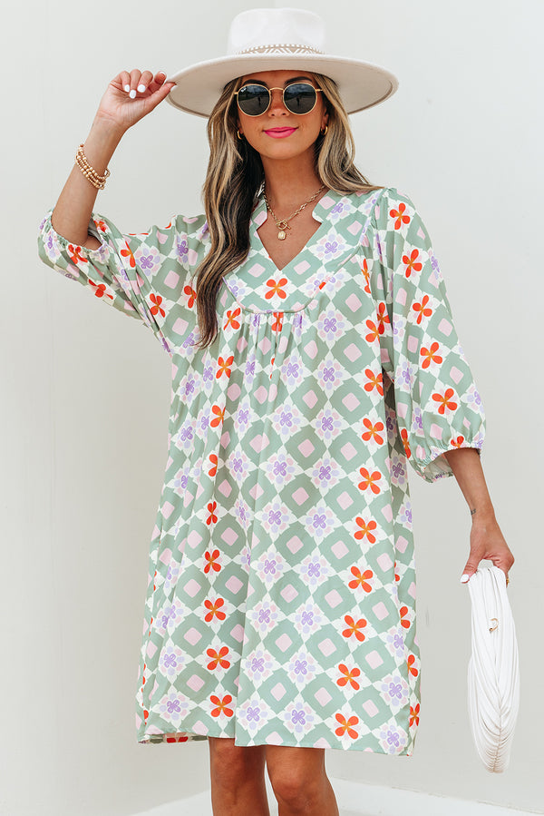 Geometric Floral Print 3/4 Sleeve Notched Neck Mini Dress