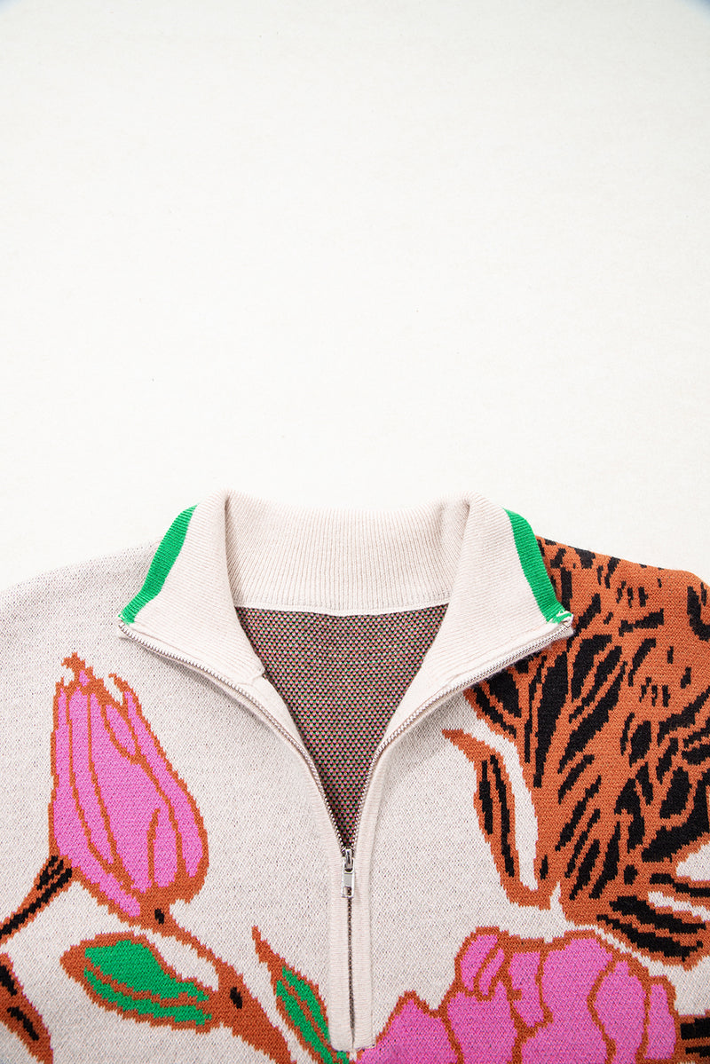 Floral Pattern Knit Quarter Zip Stand Neck Sweater