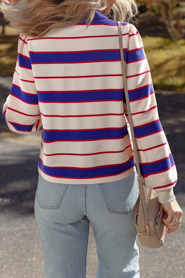 Stripe Color Block Polo Pullover Sweatshirt