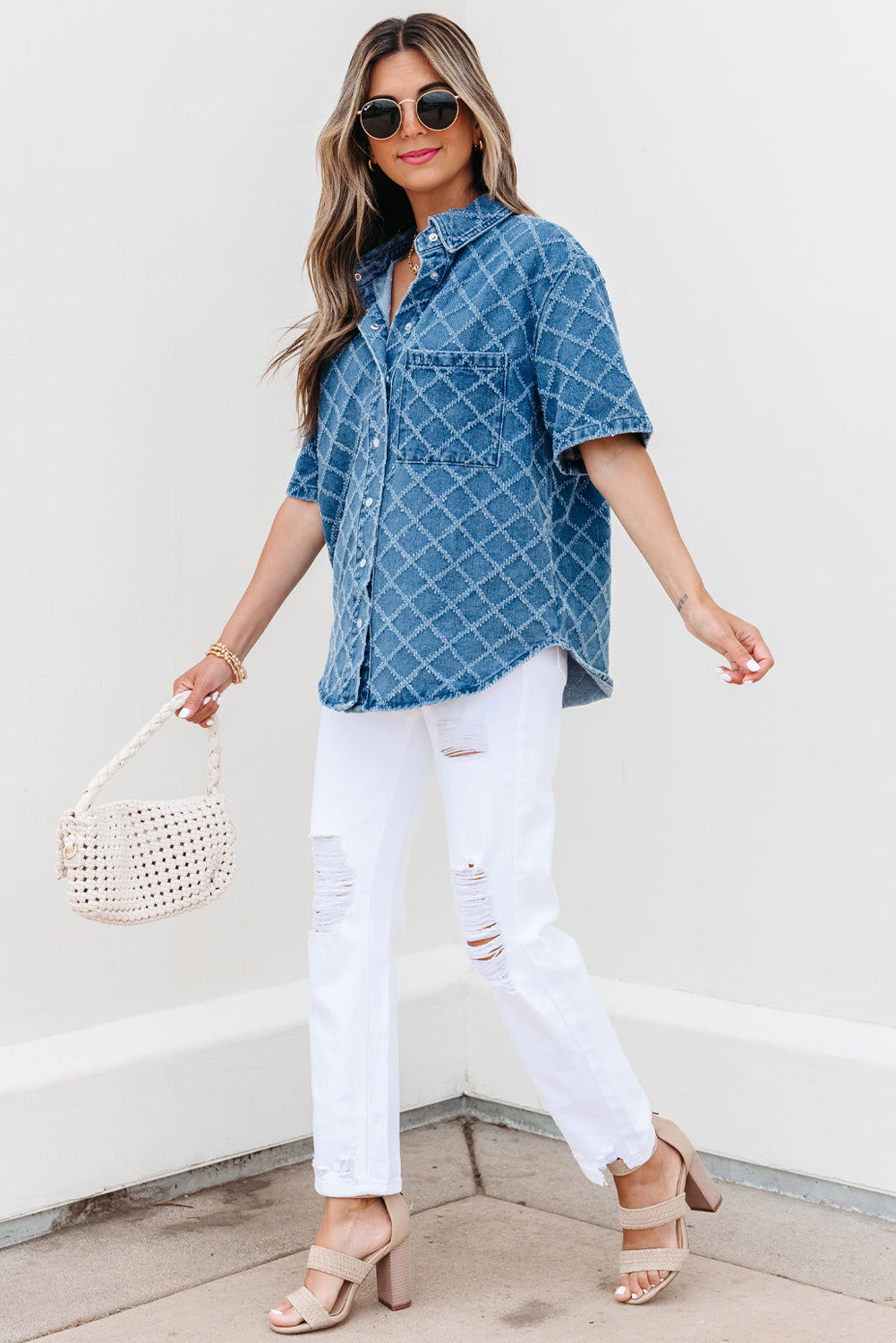 Checkered Textured Short Sleeve Patched Pocket Denim Shirt